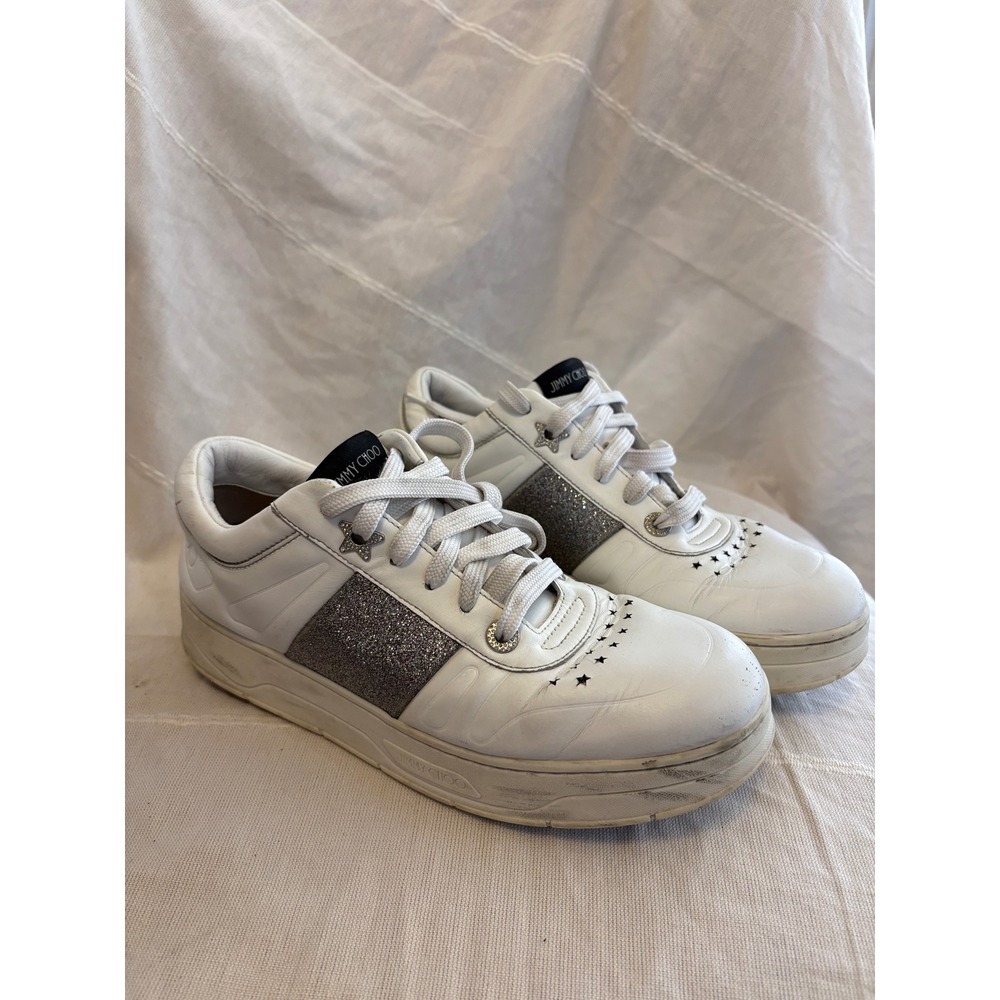 Jimmy Choo White Leather Glitter Star Low Top Platform Sneakers Womens EU 40